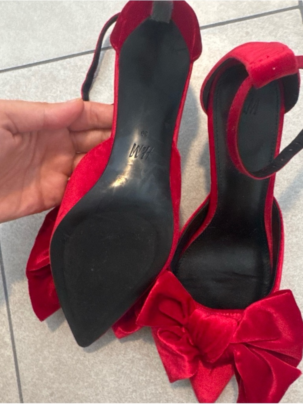 H&M Red Satin Pointed-Toe Heels with Bow and Ankle Strap